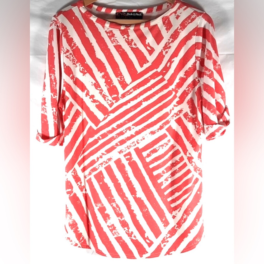 NWOT PECK & PECK Scoop Neck Blouse Top Abstract Orange White Cuffed Sleeve XL